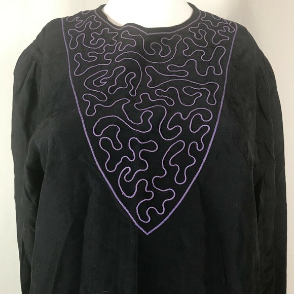 Polly Ellerman Tunic Womens Sz‎ 6 Black Purple Embroidered Vintage Hippie Boho - Picture 2 of 11